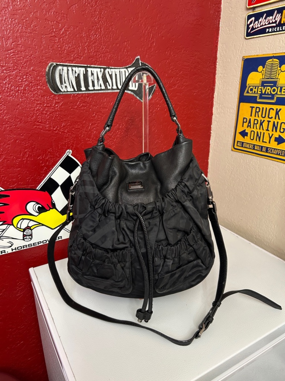 Burberry Black Ruched Drawstring Hobo Bag - Picture 1 of 13